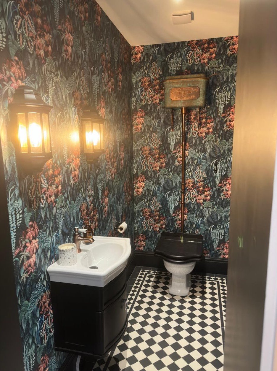Cloakroom papered in a dark botanical print, Knightsbridge Project — view 3
