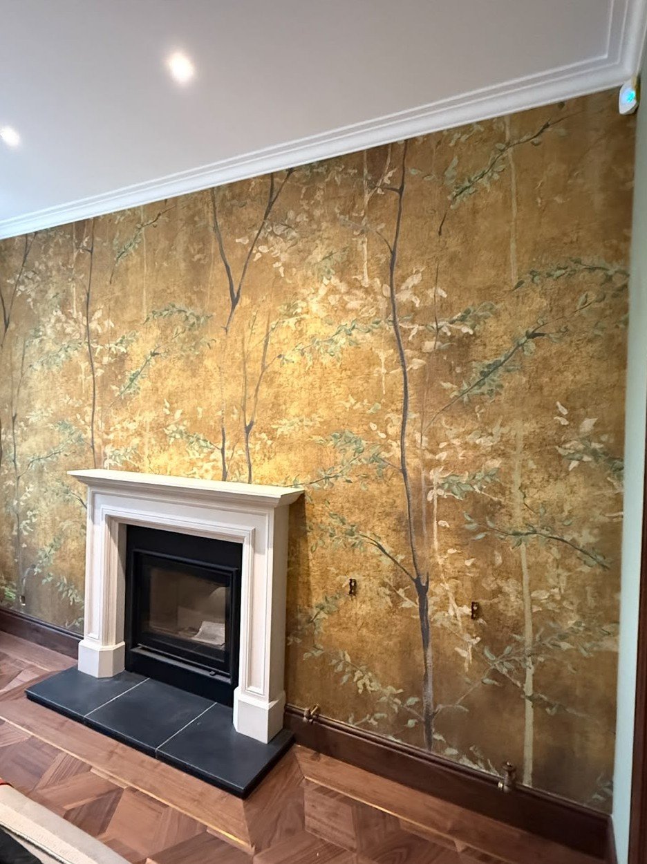 Gold woodland mural cut around a fireplace and up to the cornice, Paddington Project — view 7